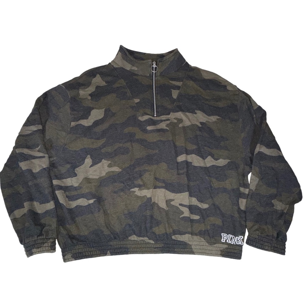 Victoria's Secret PINK Camo Quarter Zip Pullover Women Large Green Fleece Logo